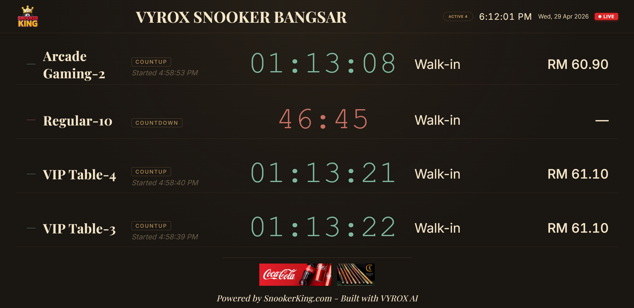 Snooker King Live Table Monitor — branded venue video wall showing 4 active sessions, walk-in customers and timer readout at 1920x1080 for the lounge wall