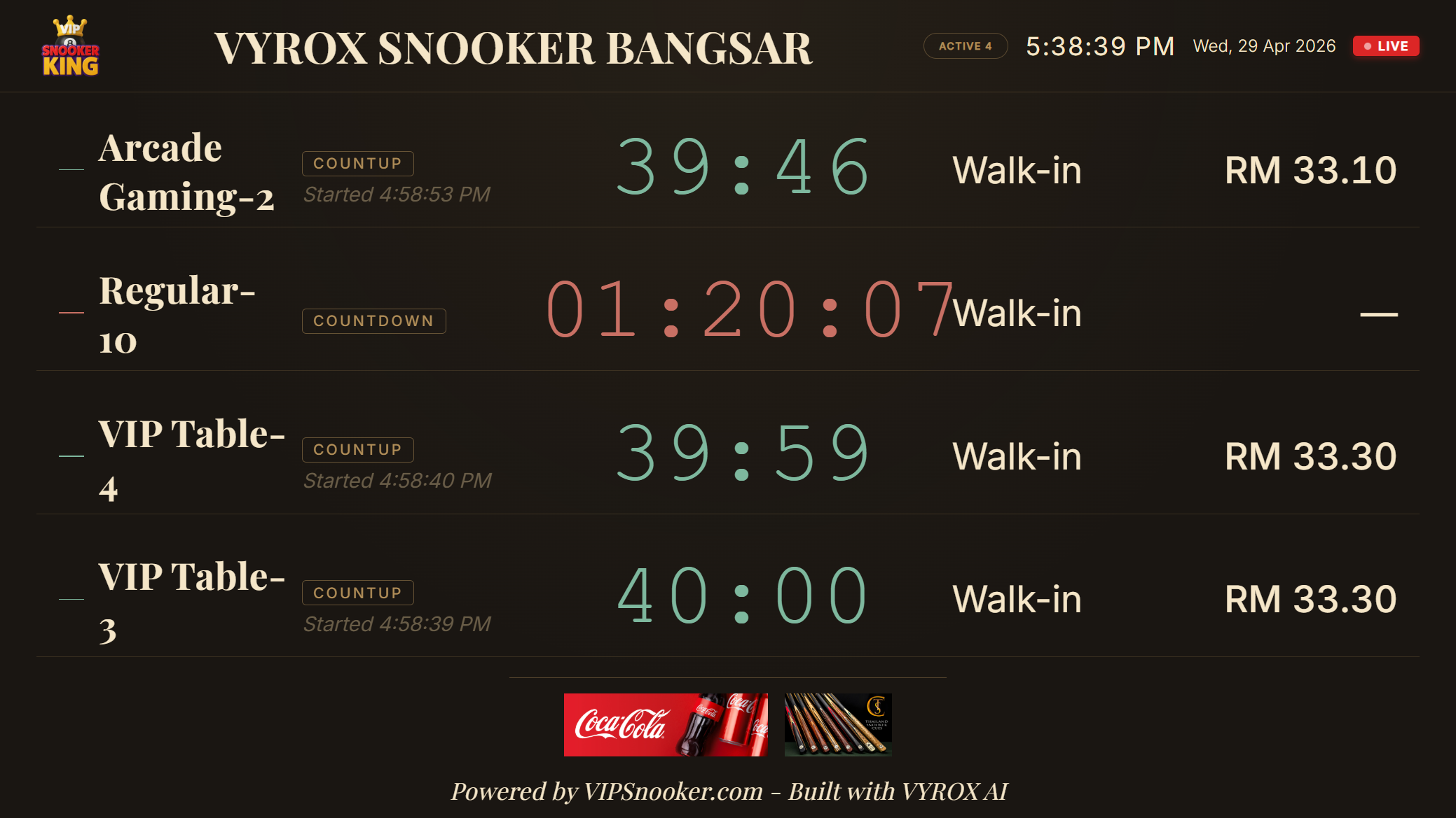 Snooker King Live Table Monitor - branded venue video wall showing active sessions, walk-in customers and timer readout for the lounge wall