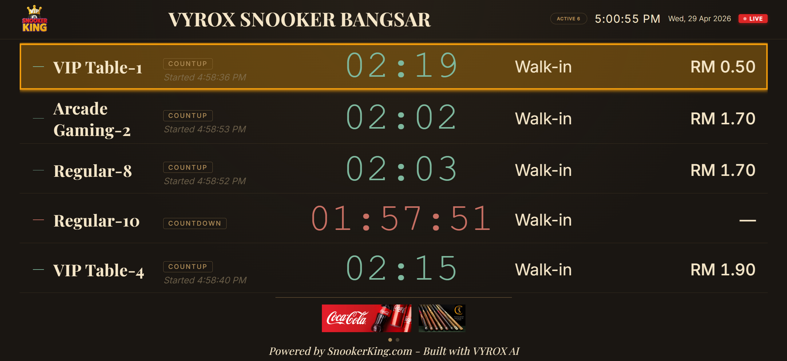 Snooker King Live Table Monitor — multi-table grid layout showing 8+ tables with timers and customer details