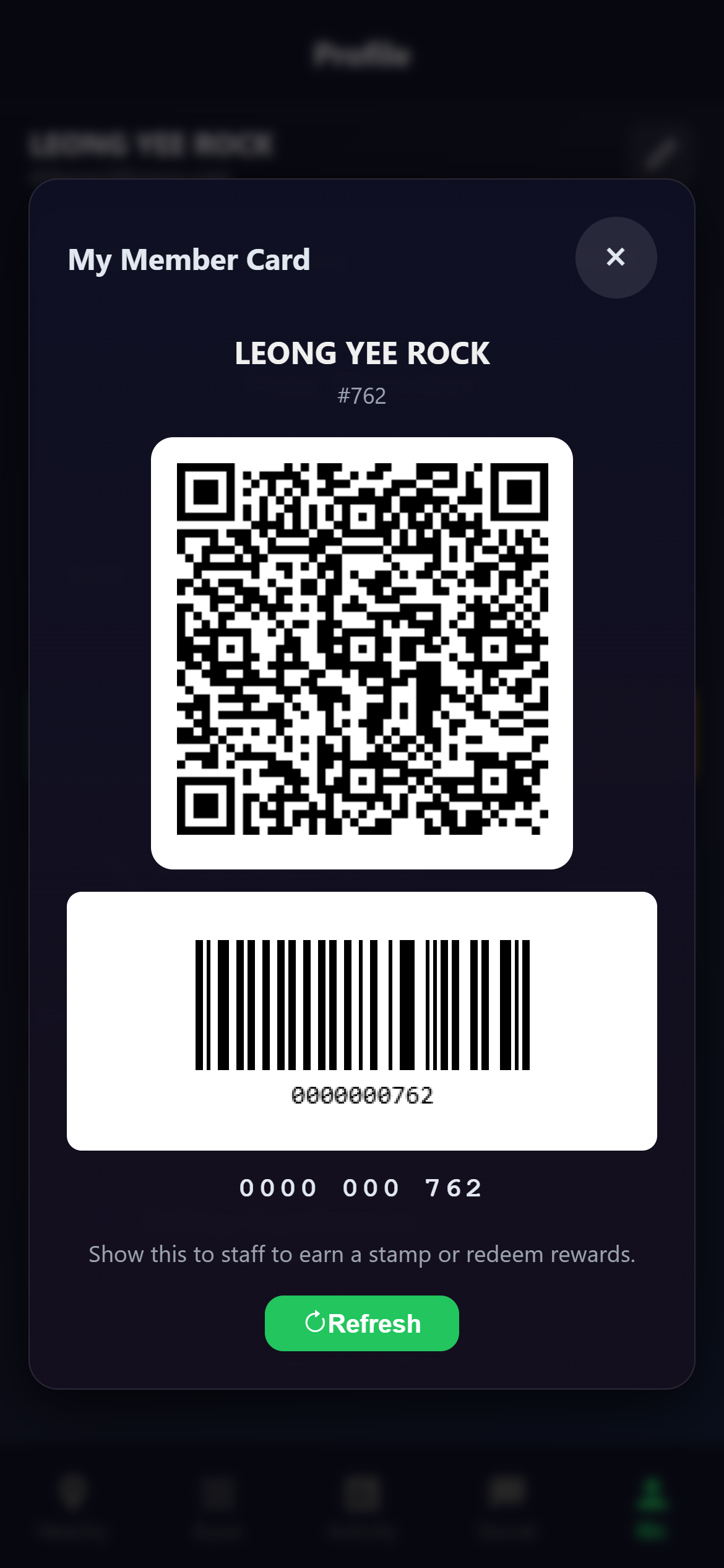 Snooker King digital member card — barcode for handheld laser scanners with the member ID and instant rewards