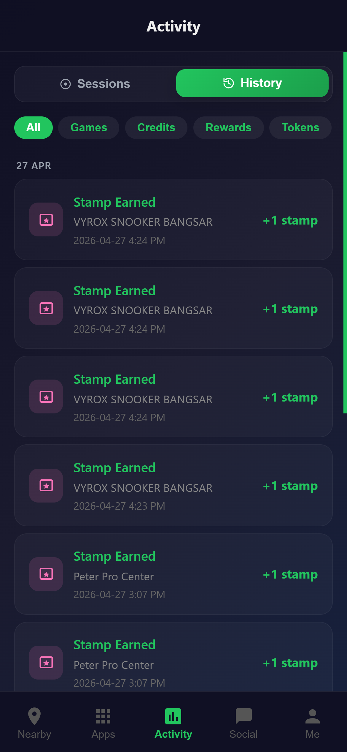 Snooker King member activity history — stamps earned, points earned, paid sessions across centers