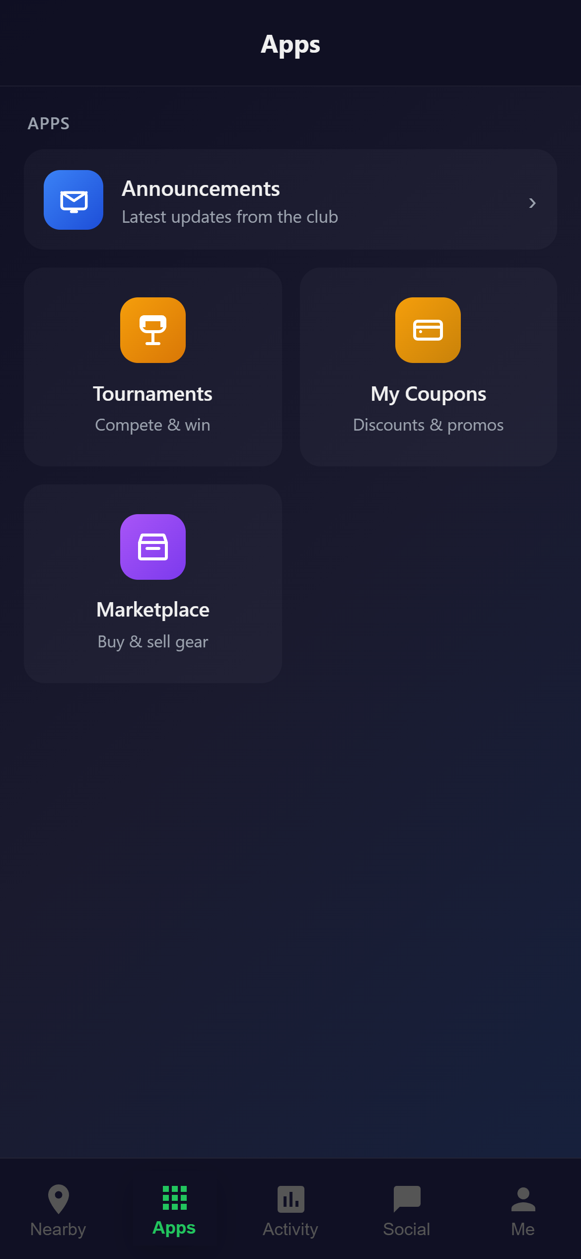 Snooker King member apps tab — Announcements, Tournaments, Coupons, Marketplace in one mobile hub