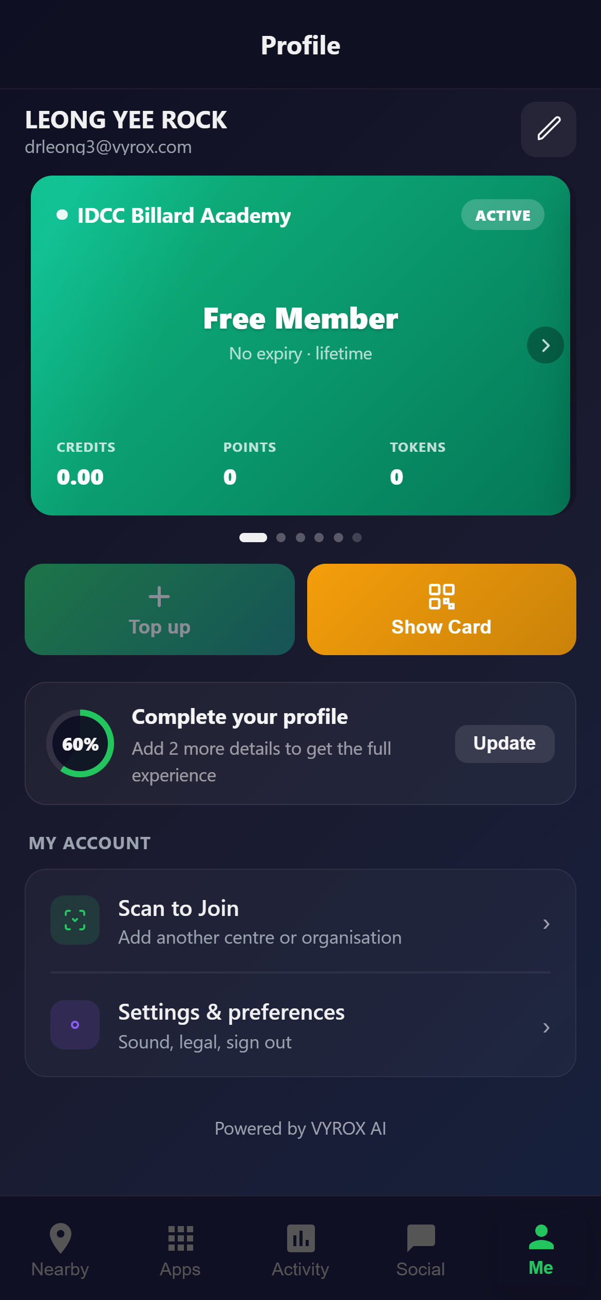 Snooker King member mobile profile — 5 active club memberships, points, credits, tokens cross-organization