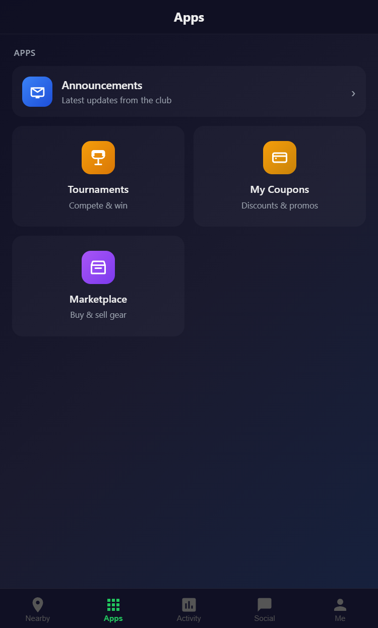 Snooker King member portal apps menu - operator-curated mobile launcher of customer-facing tools