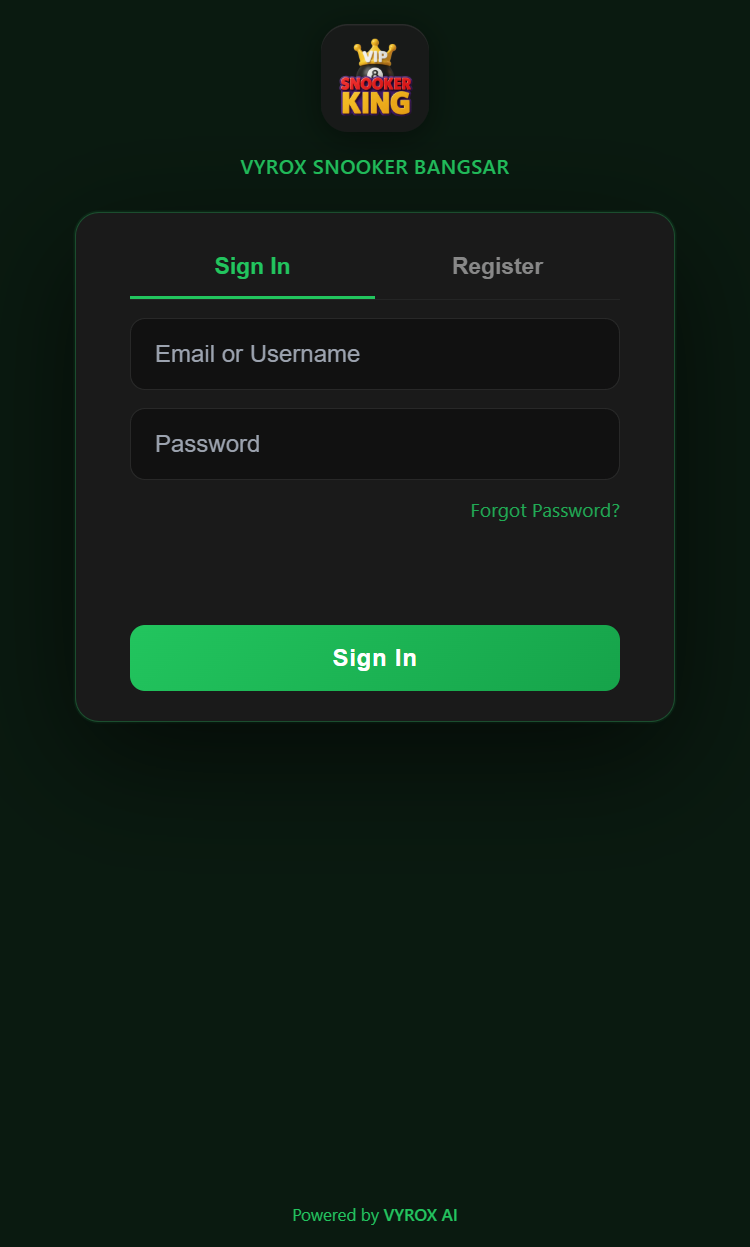 Snooker King member mobile app - operator-controlled branded login with center vanity URL