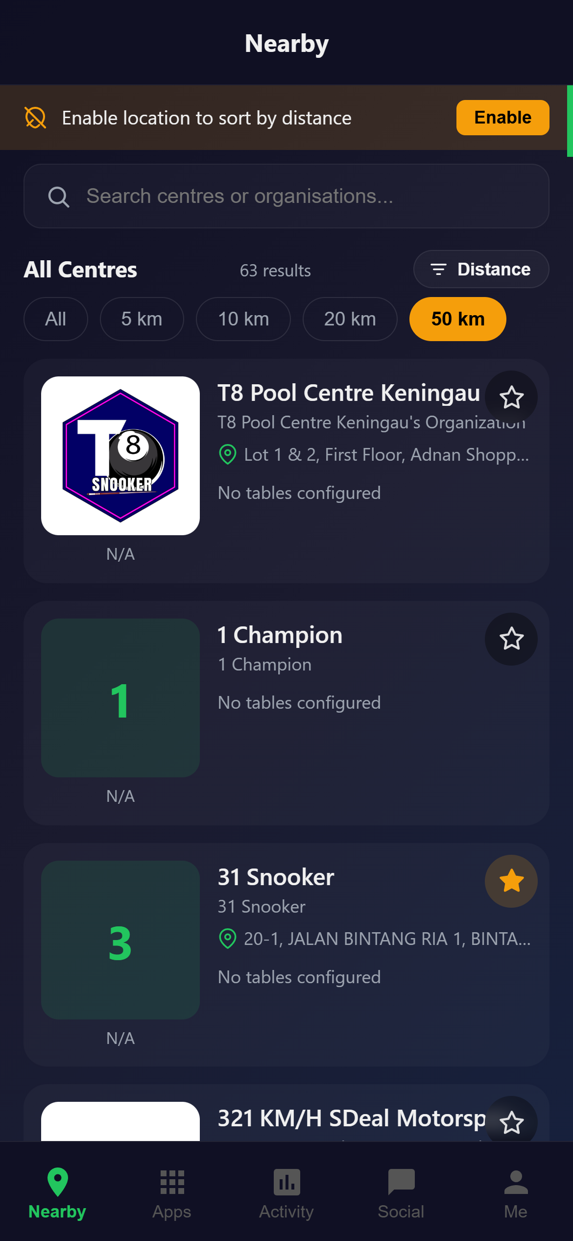 Snooker King mobile app nearby tab — 63 venues with distance filters and favourite toggles for the member