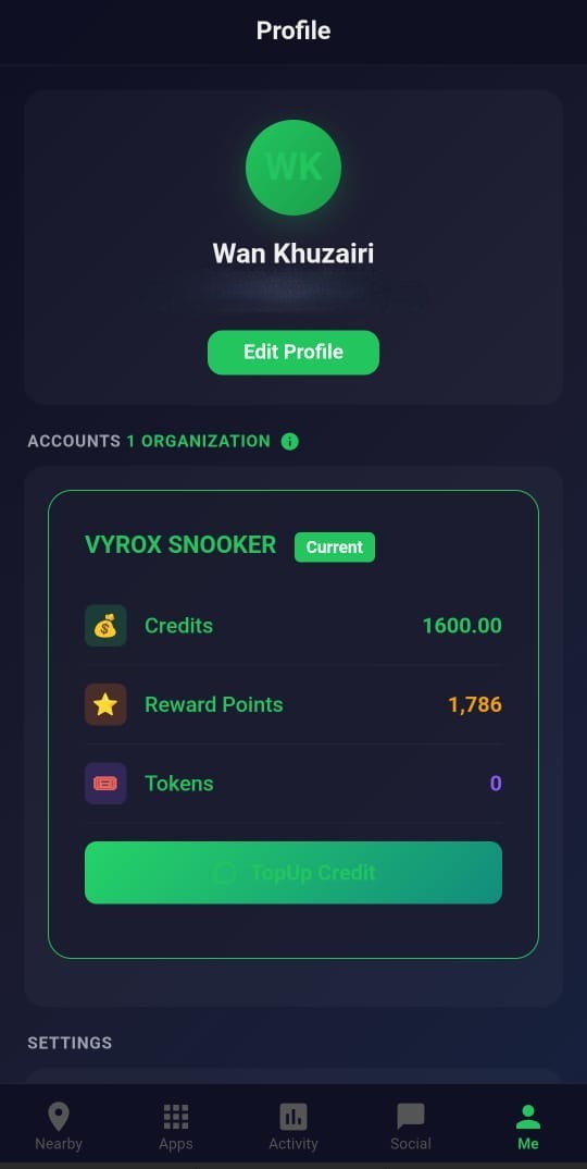Snooker King member wallet detail — operator-issued credit and bonus broken down so members trust every cent