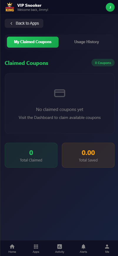 Snooker King coupon claim — operators distribute campaigns directly into the member app, no printed flyer needed