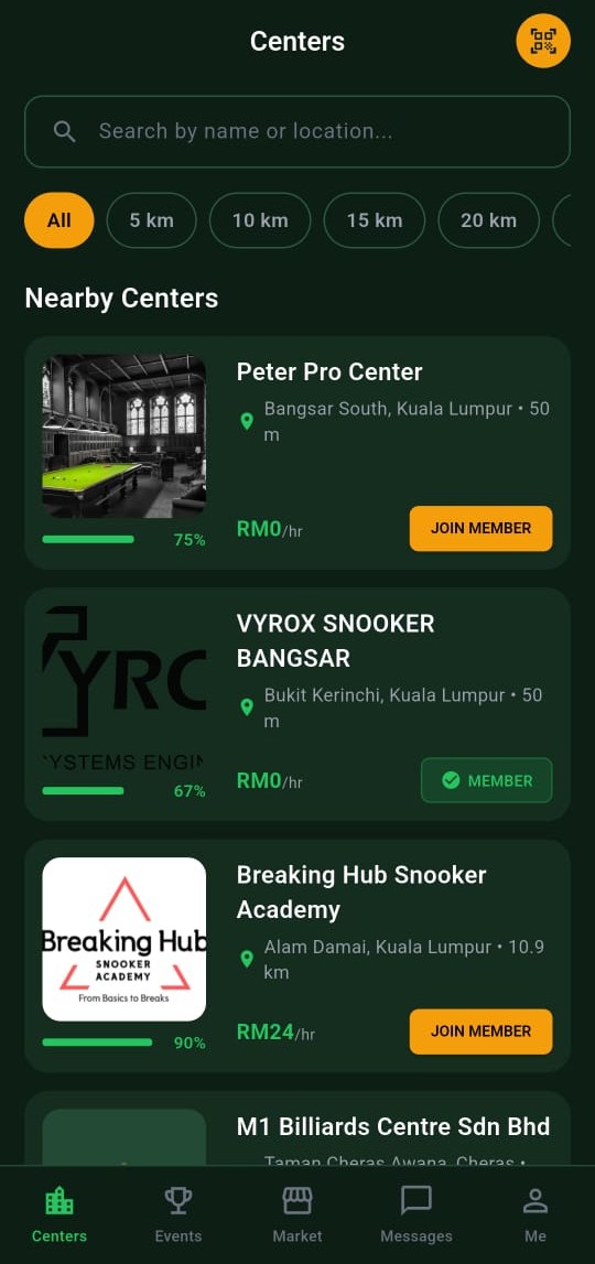 Snooker King nearby centre listing — operator network attracts walk-ins by surfacing every branch on the map
