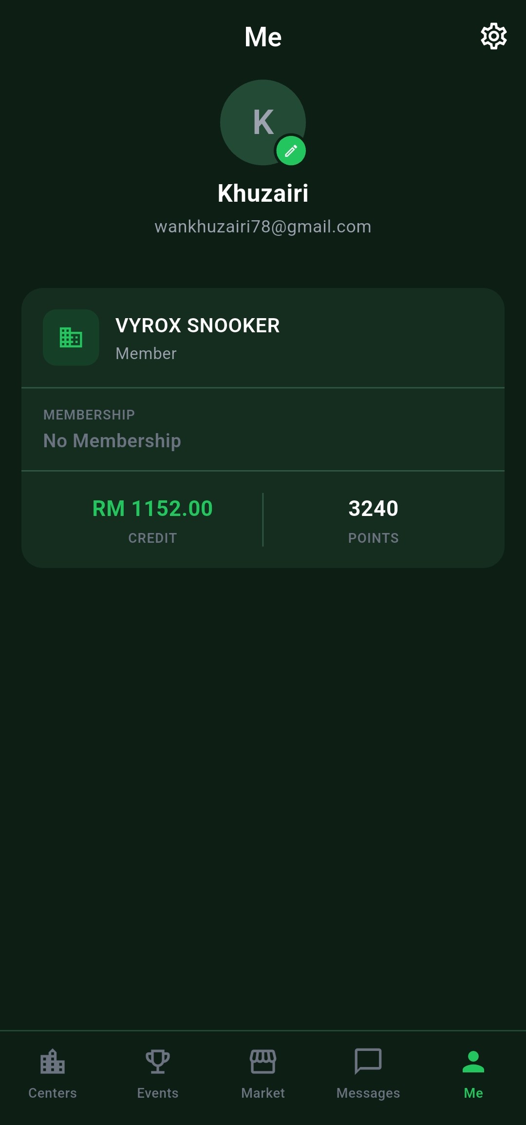 Snooker King member app personal dashboard — operator-branded home screen with hours played, credit balance and tier