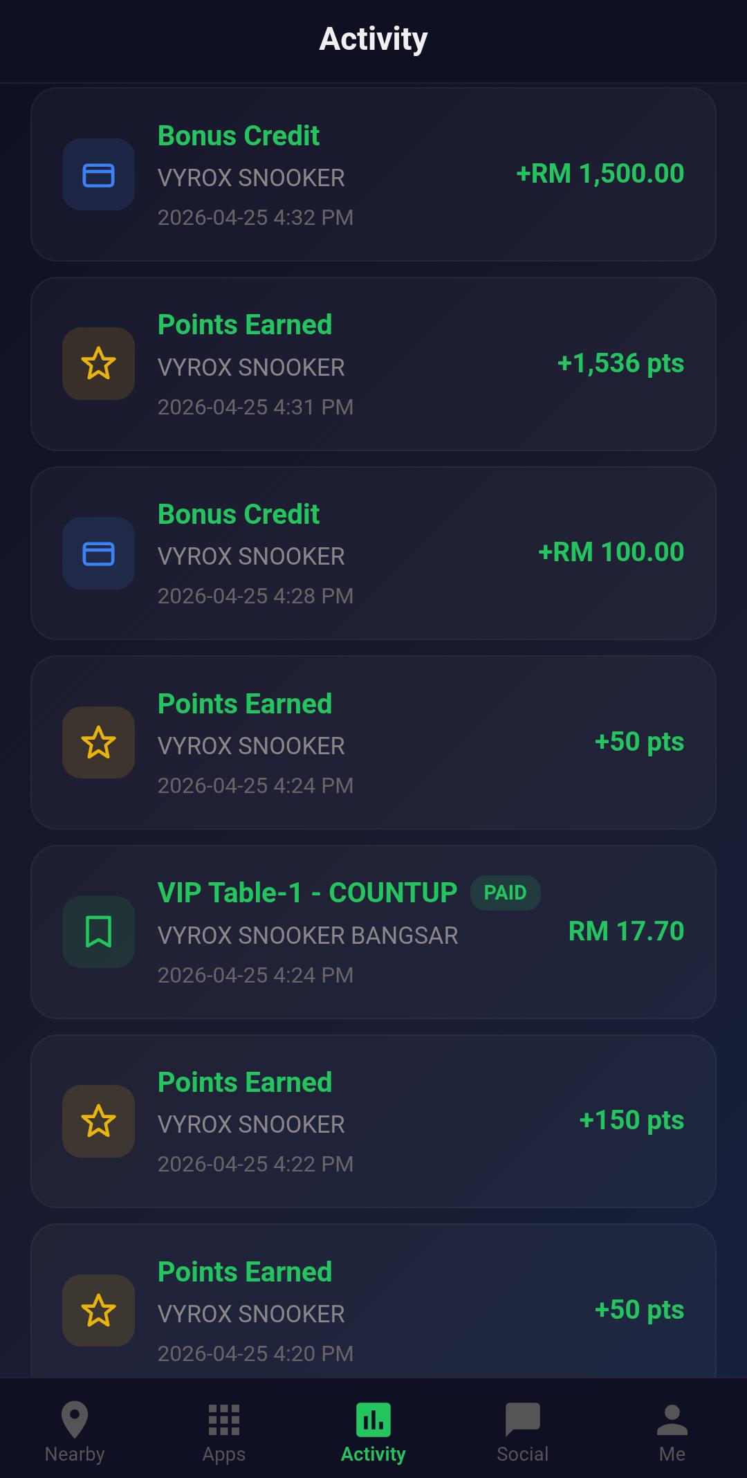 Snooker King session history list — operators give members a self-service record of every visit, reducing front-desk queries