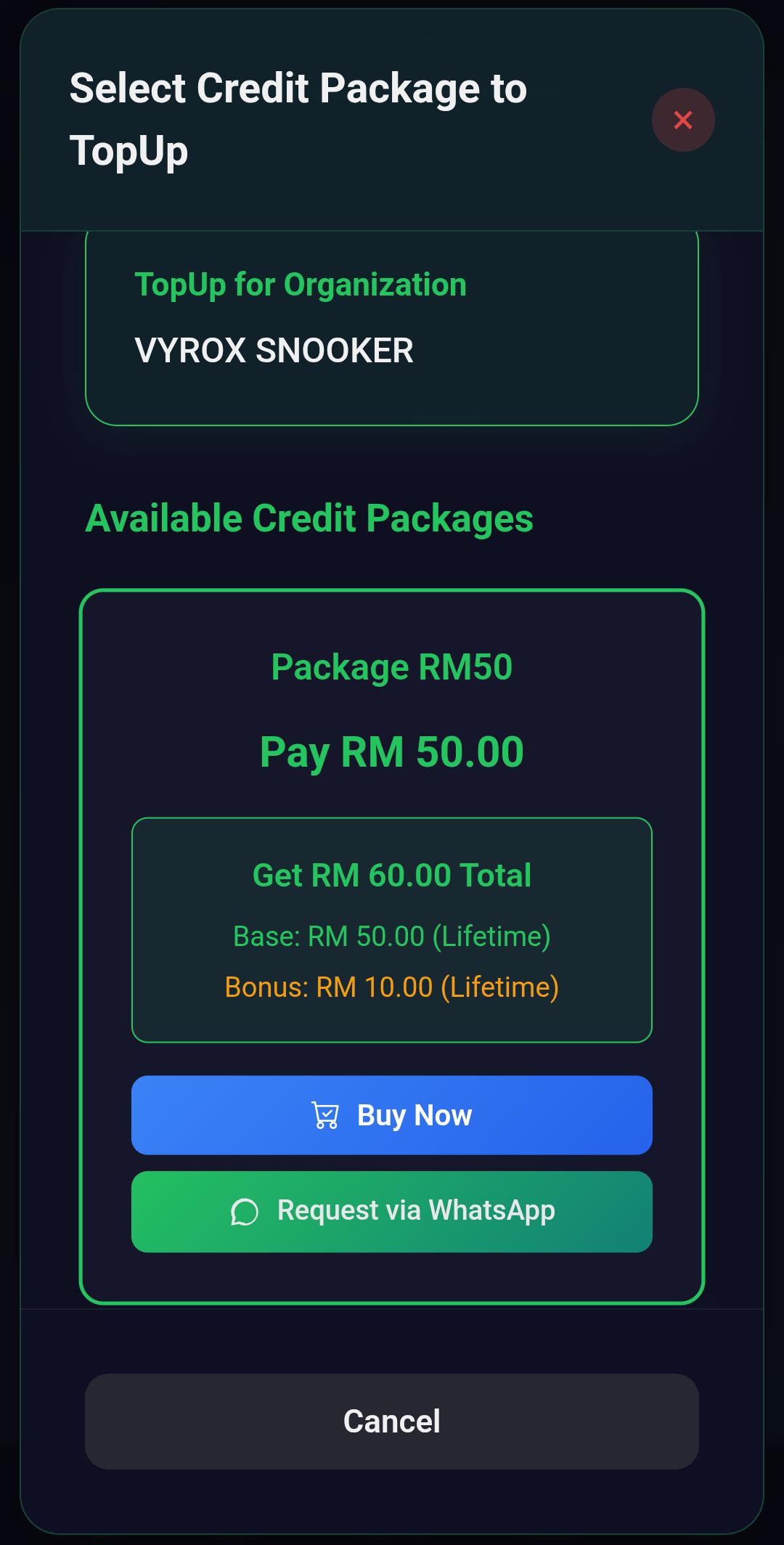 Snooker King in-app top-up — operators capture wallet revenue 24/7 without a staff member at the counter