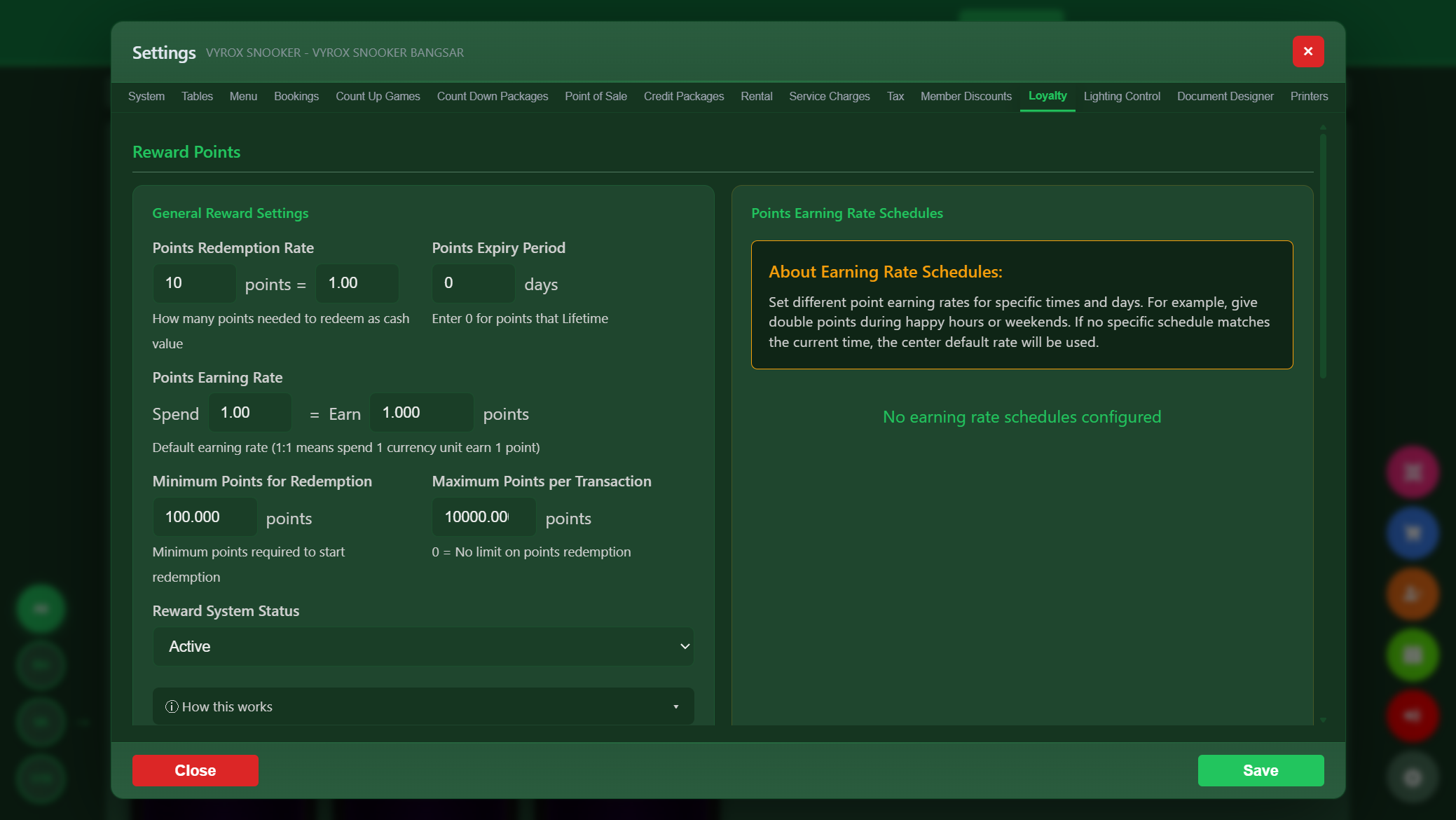 Snooker King loyalty engine — points redemption rate, per-stream multipliers, stamp card rules for the operator