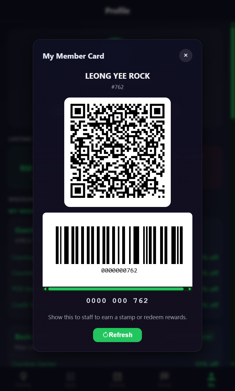 Snooker King branded member QR card - operator-issued digital membership card for fast table check-in