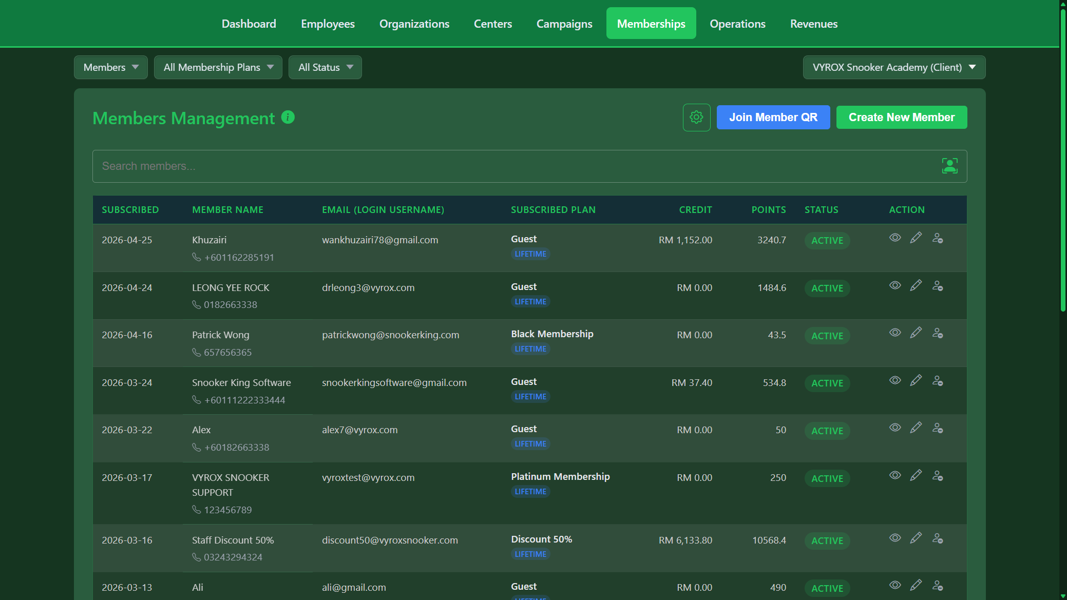 Snooker King members list - operator view of member directory with loyalty points balances and tier status