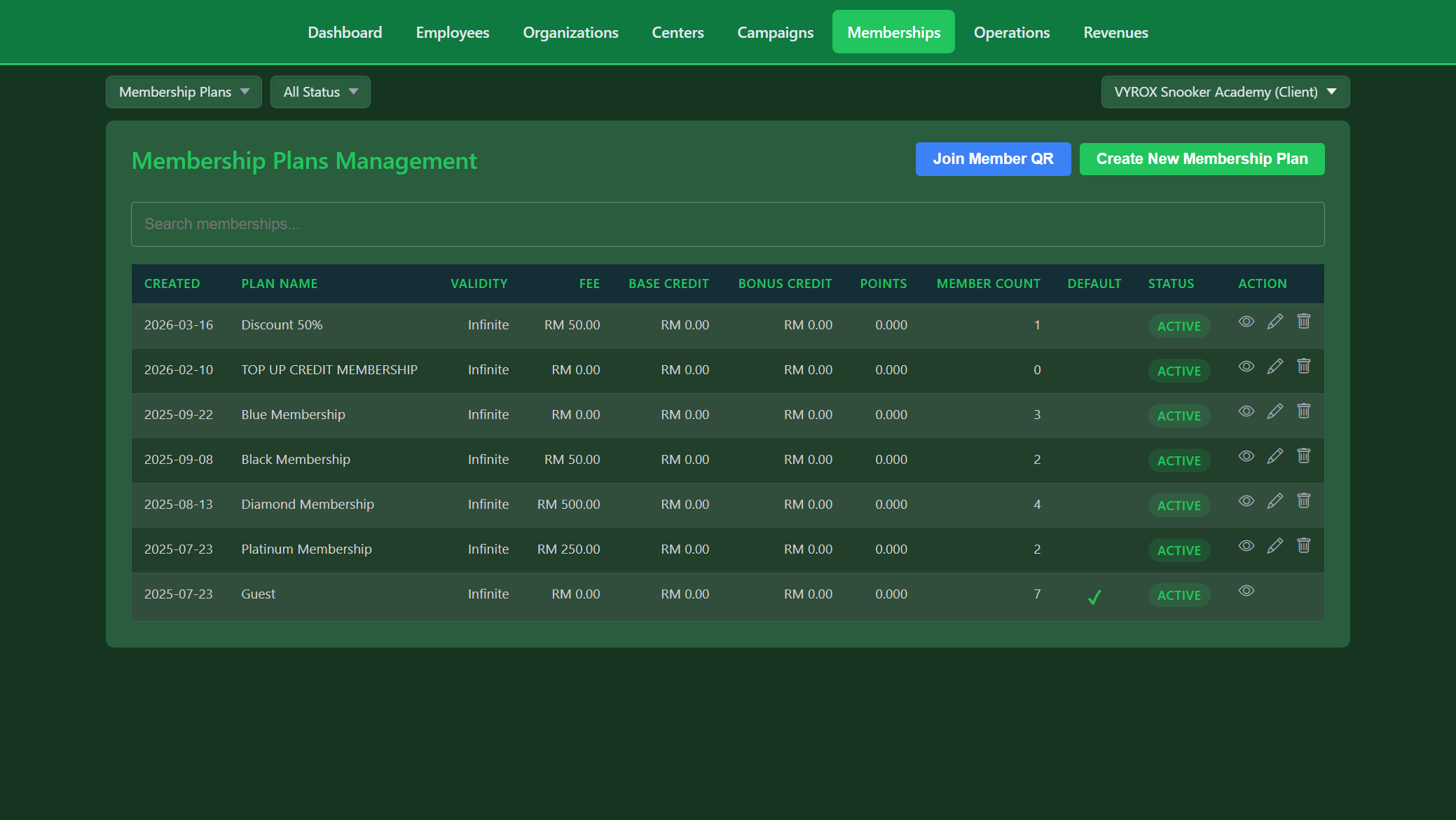 Snooker King membership tier engine — Black, Diamond, Platinum, Blue plans with per-tier member counts and base credits