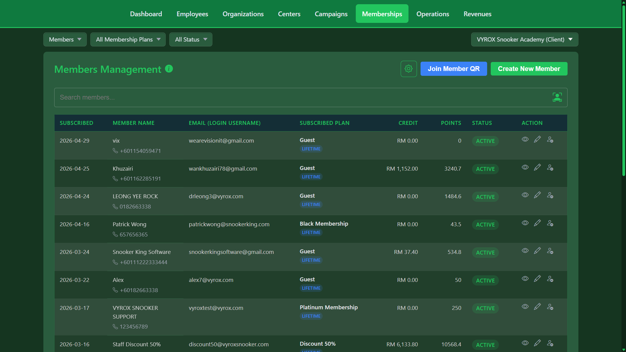 Snooker King member database — credits, points, lifetime spend per member for the operator's retention dashboard