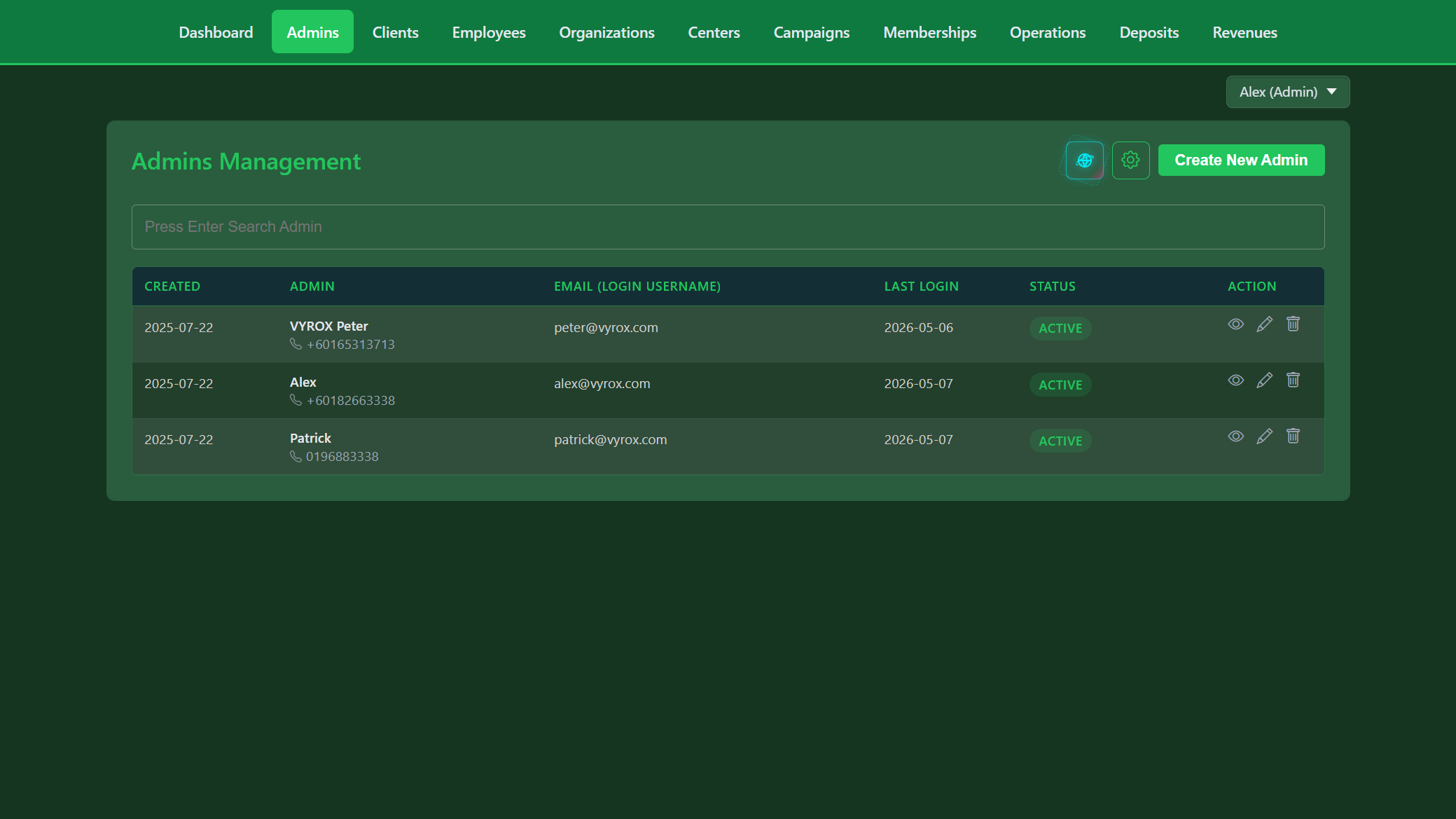Snooker King admin console — one-tap access to the Global Pulse live operations globe from the platform owner's dashboard