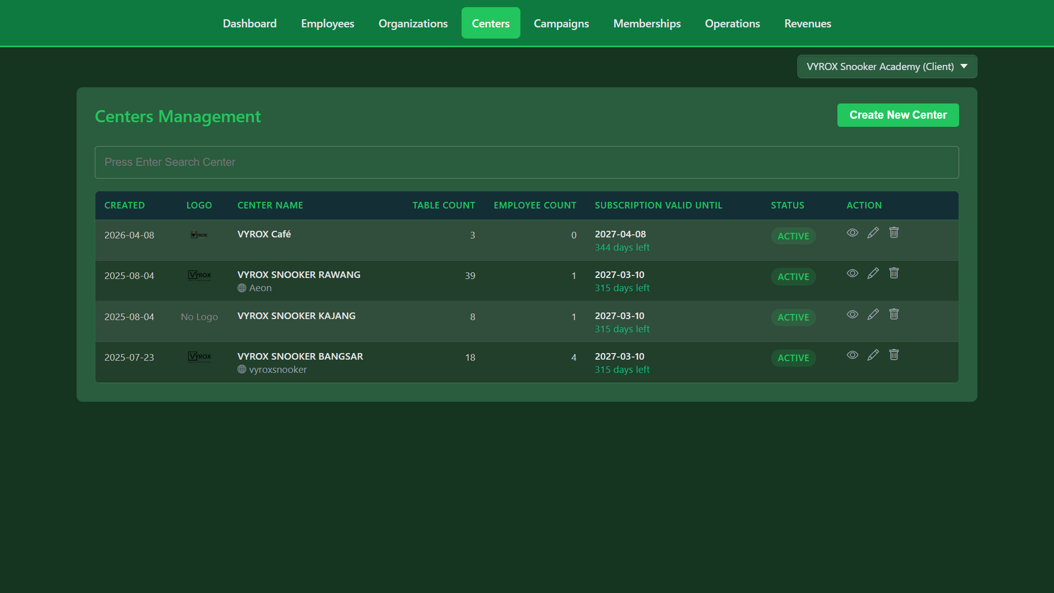 Snooker King multi-center management - branches with logos, subscriptions, and table counts in one view