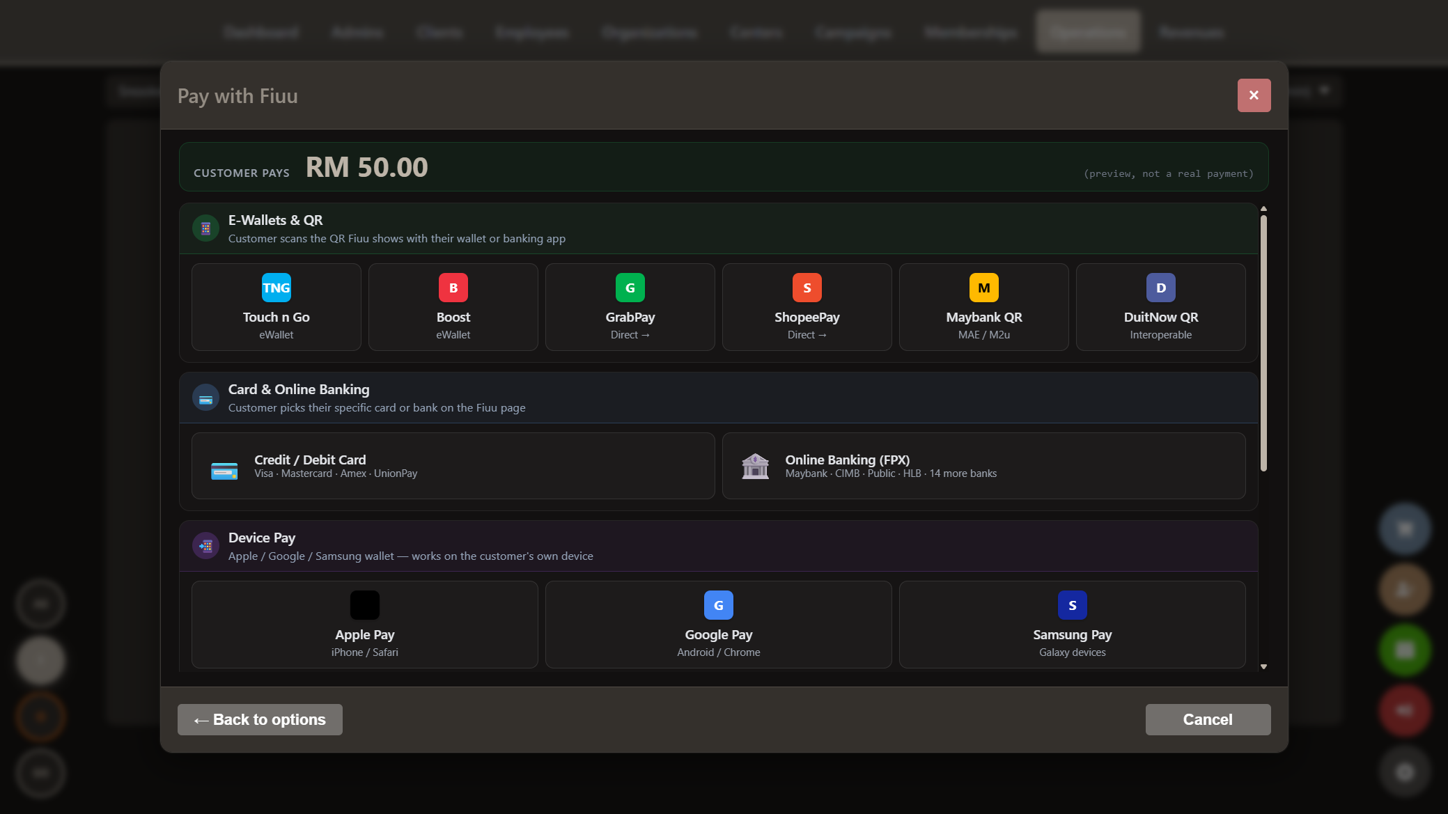 Snooker King Fiuu HPP channel grid — DuitNow QR, Touch n Go, Boost, GrabPay, ShopeePay, Maybank QR, card and FPX rails inside one checkout
