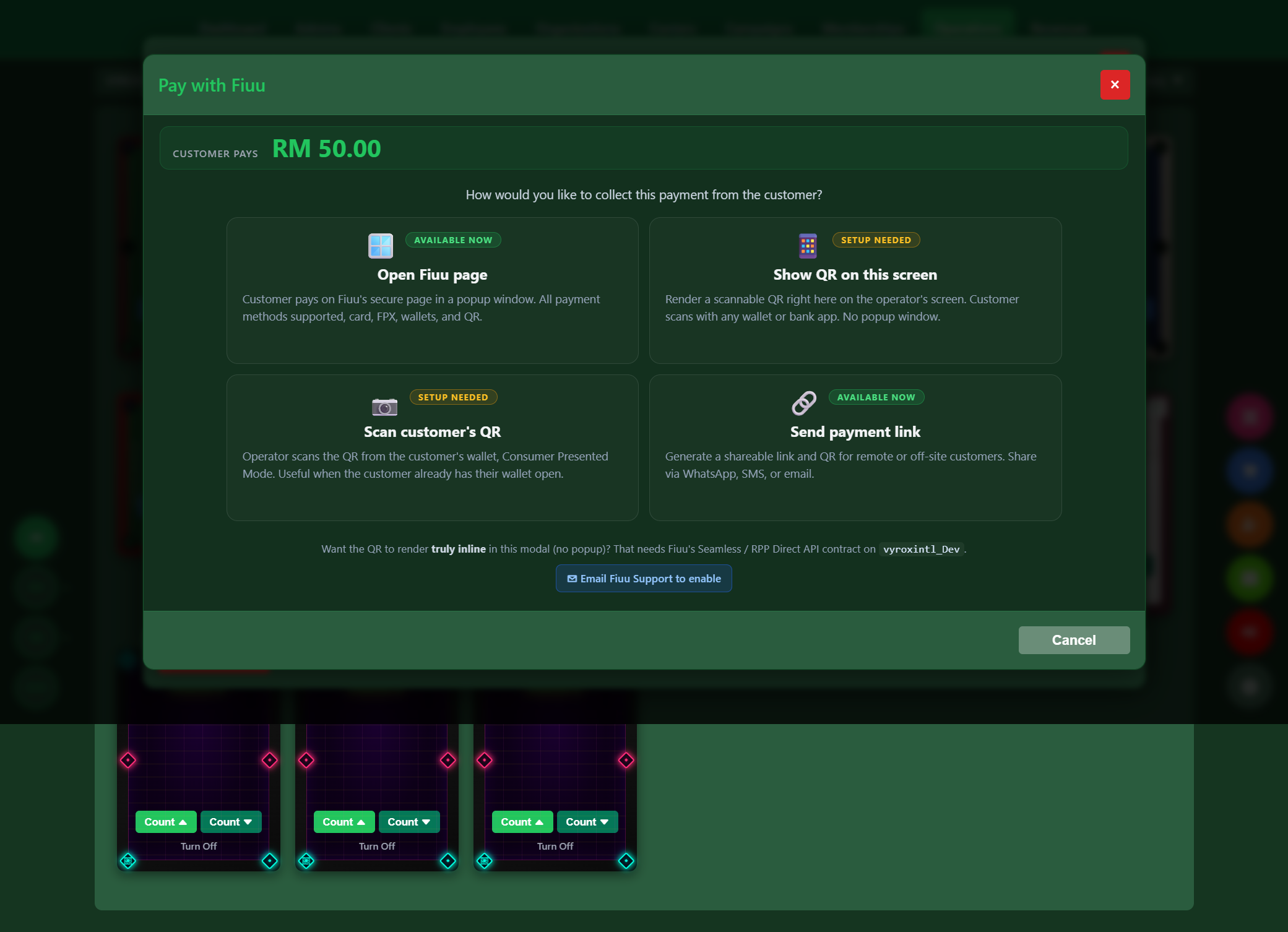 Snooker King Fiuu mode picker with capability-gating footnote — inline-QR + customer-QR scan require the Fiuu Seamless or OPA contract