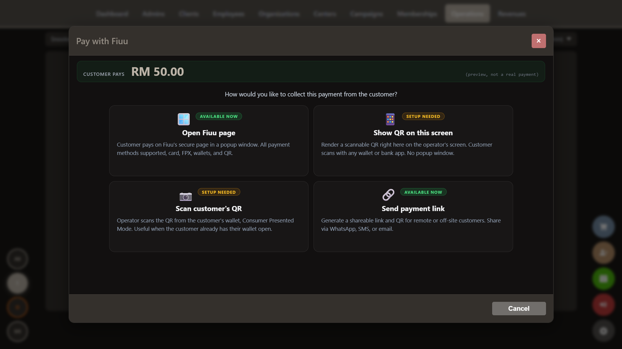 Snooker King Pay-with-Fiuu four-mode picker — Open Fiuu page available now, Show QR on screen, Scan customer QR, Send payment link