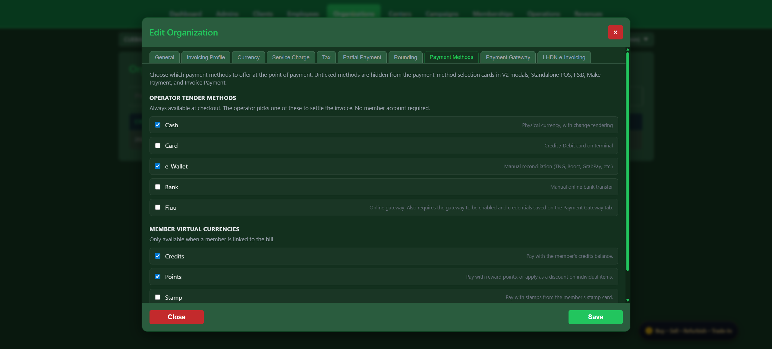 Snooker King payment methods configuration — operators toggle exactly which operator tender methods and member virtual currencies (cash, card, e-wallet, bank, Fiuu, credits, points, stamps) are offered at checkout