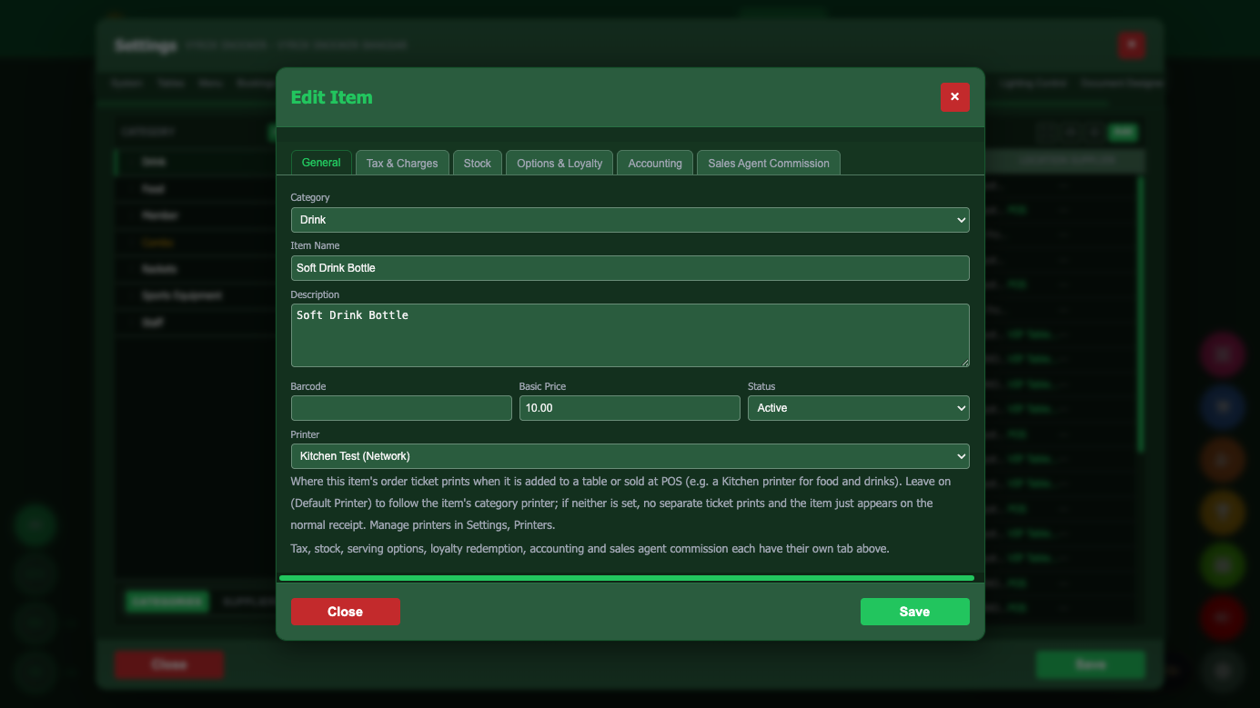 Snooker King per-item printer routing — the Edit Item screen assigns a menu item straight to its kitchen or bar printer, no manual re-routing at checkout