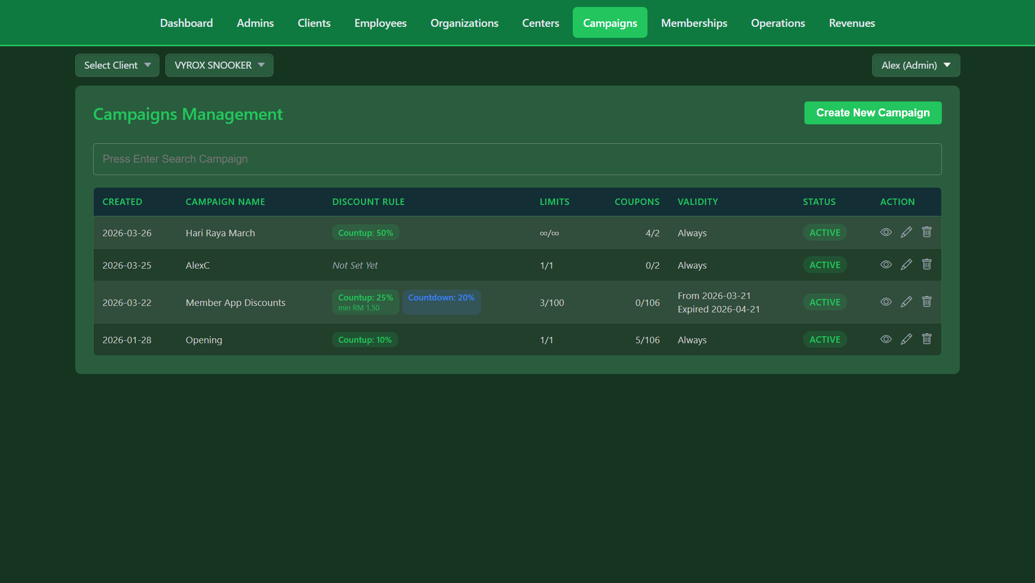 Snooker King campaigns coupon management - operator dashboard for issuing and tracking promotional coupons