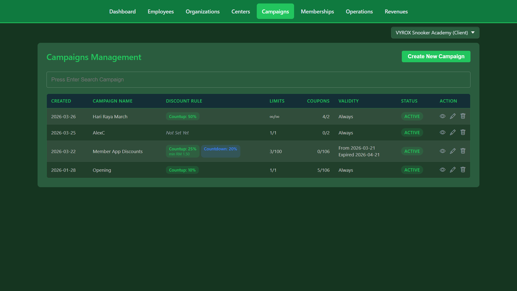 Snooker King campaigns management - active coupon promotions with discount rules, usage limits, validity windows, and per-campaign coupon counts