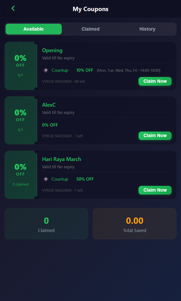 Snooker King member portal coupons - operator-issued discounts surfaced inside the member mobile app