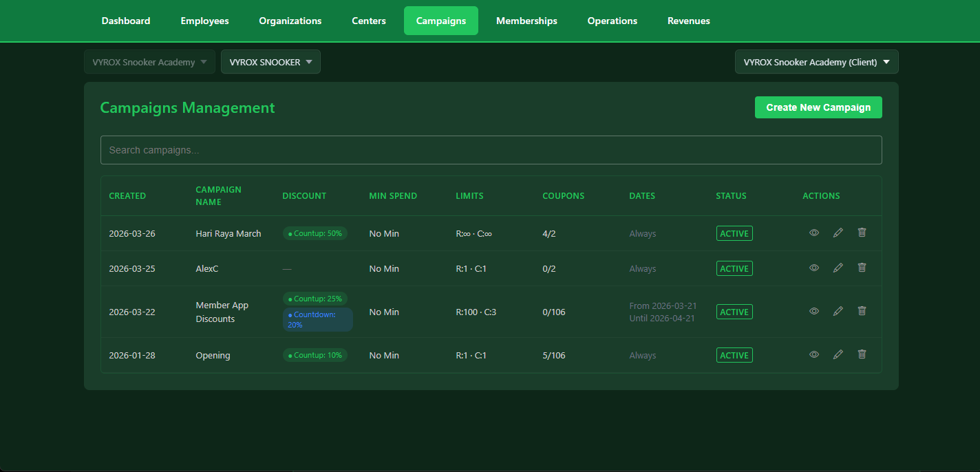 Snooker software campaign front page display