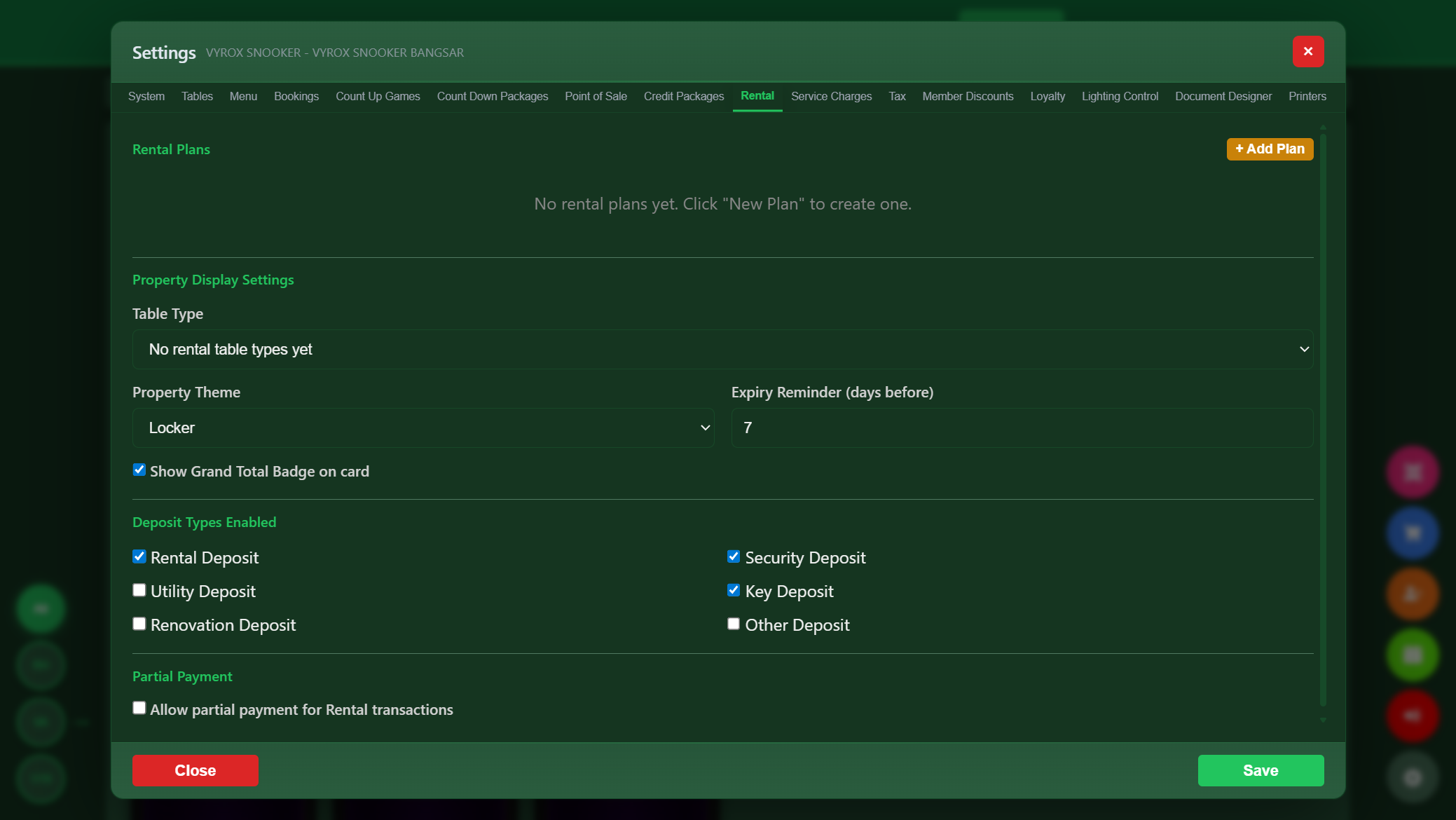Snooker King rental and locker management — 6 deposit categories, locker, room, parking, condo property themes