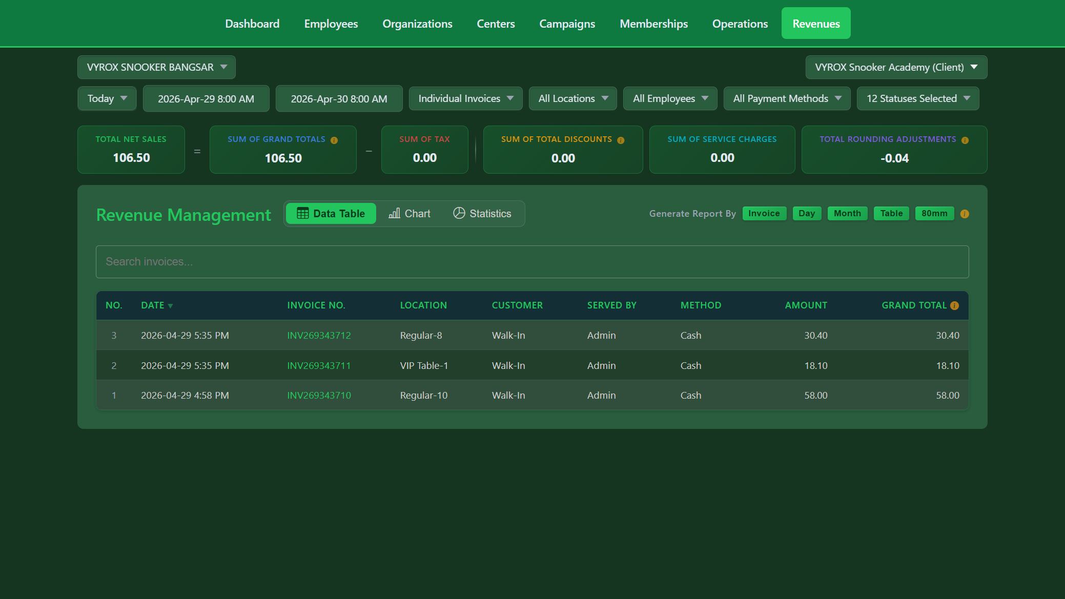 Snooker King revenue management - filterable invoice listing for venue owners reconciling daily takings