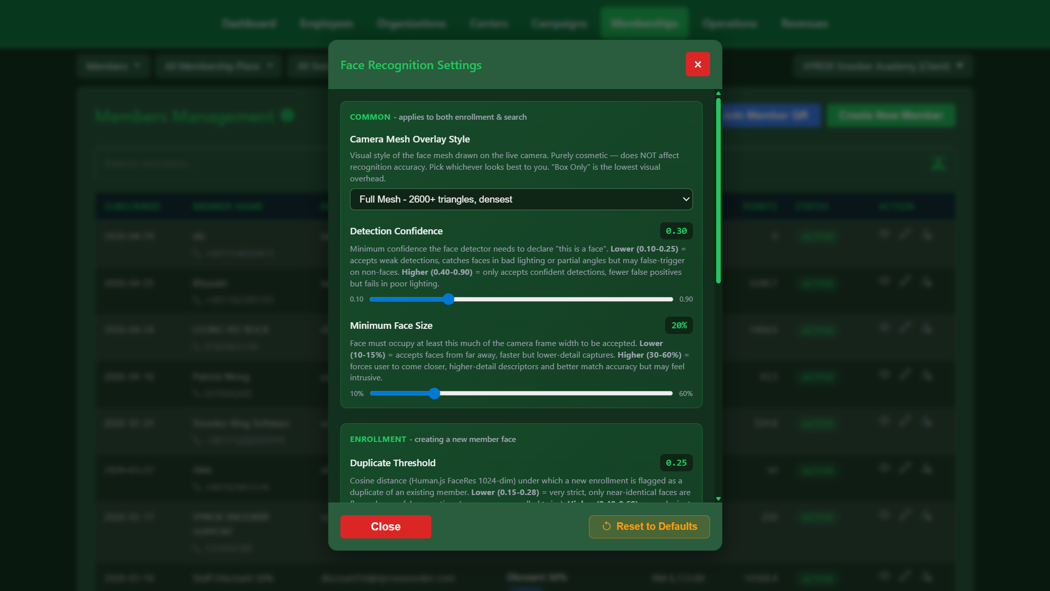 Snooker King face recognition settings — sensitivity sliders, security presets and detection thresholds for member auto-identification