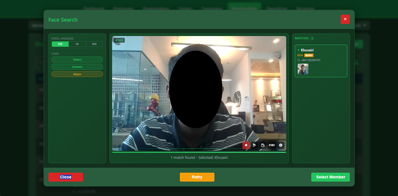 Snooker King face recognition — frictionless member check-in with on-camera liveness for venue security