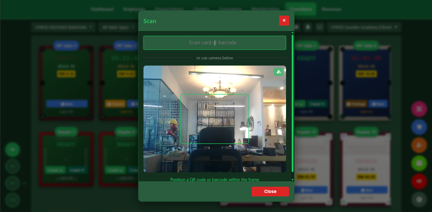 Snooker King RFID and QR scanner — operator hardware bridges card taps and QR scans into the member system