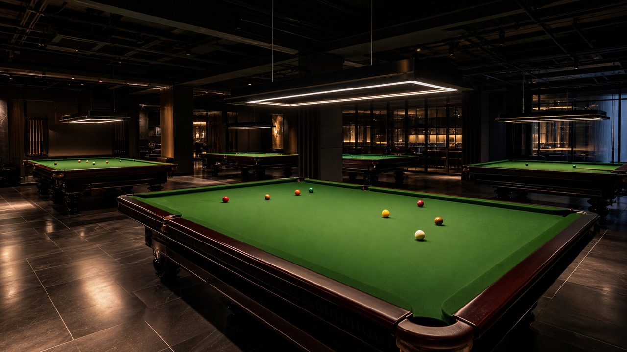 Snooker King IoT smart lighting — only the table with an active session is lit, every other table stays dark and off the power bill