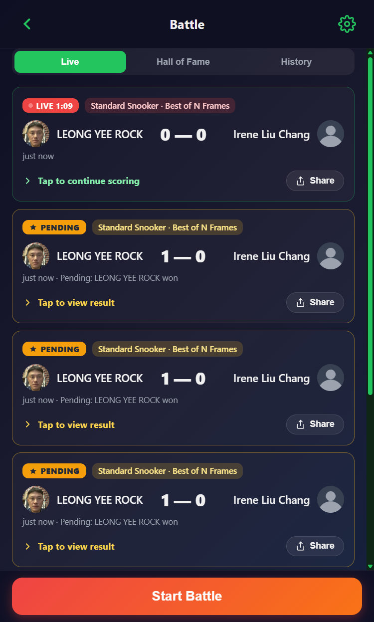 Snooker King live battles board with pending opponent cards — operator monitors arena traffic across the floor