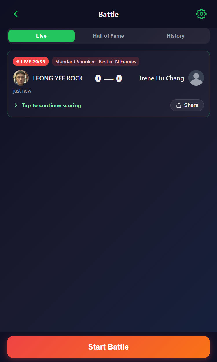 Snooker King live battle tab with running match timer — operator visibility into ongoing PvP sessions on the floor