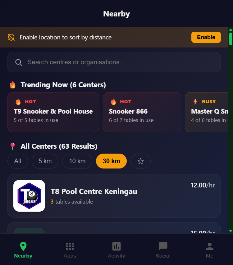 Snooker King battle live timer on a 320 pixel mobile — works on every member device the venue serves