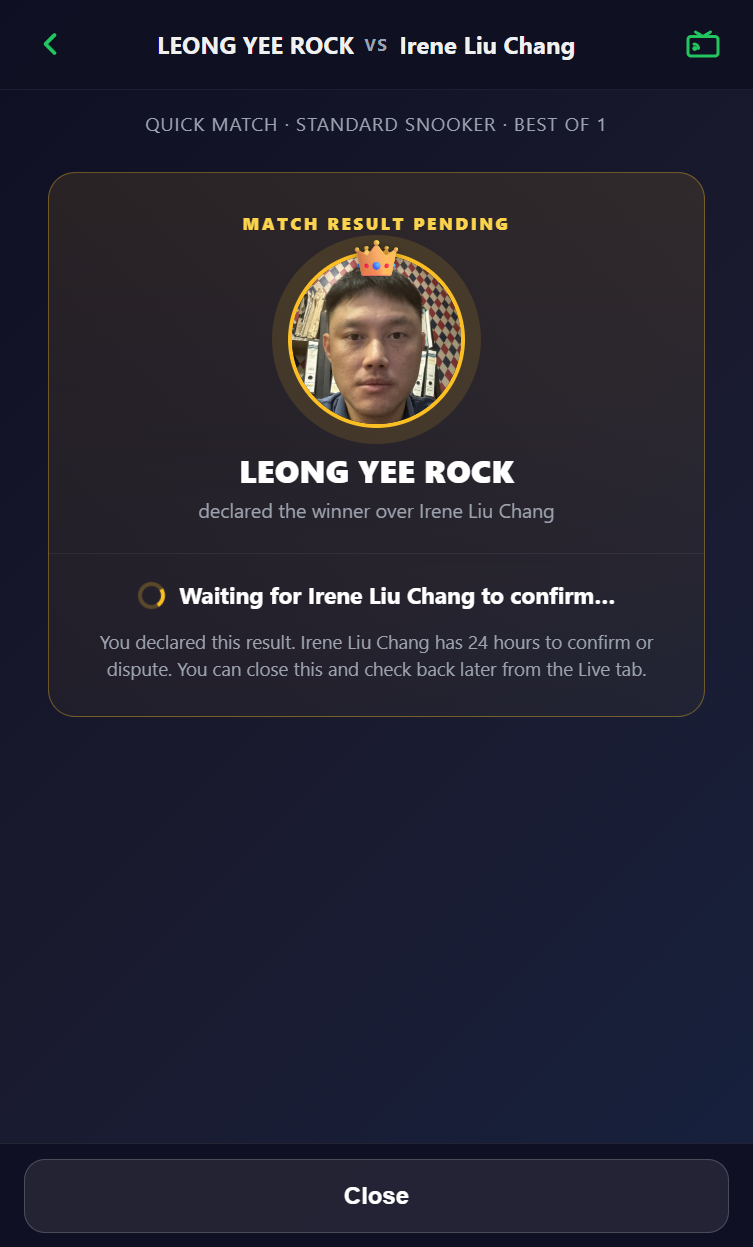 Snooker King battle pending confirmation modal — winner declares, loser confirms before result locks for audit