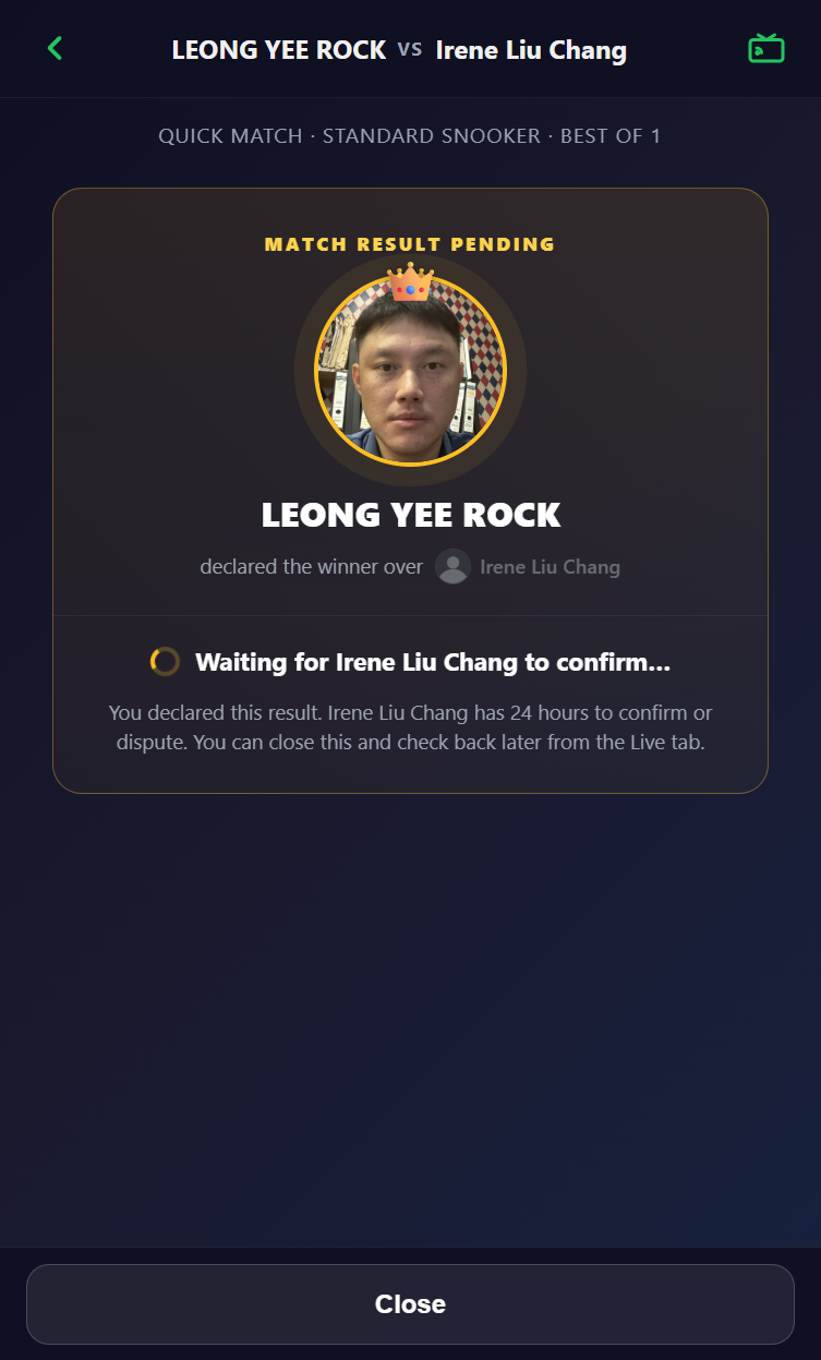 Snooker King battle confirmation modal final design — production-grade UI for fast result acceptance