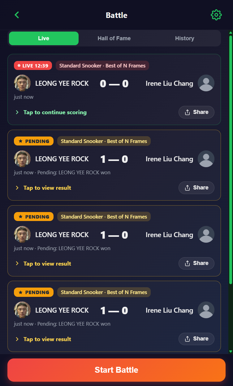 Snooker King battle confirmation muted-loser treatment — clean visual hierarchy without member-facing friction