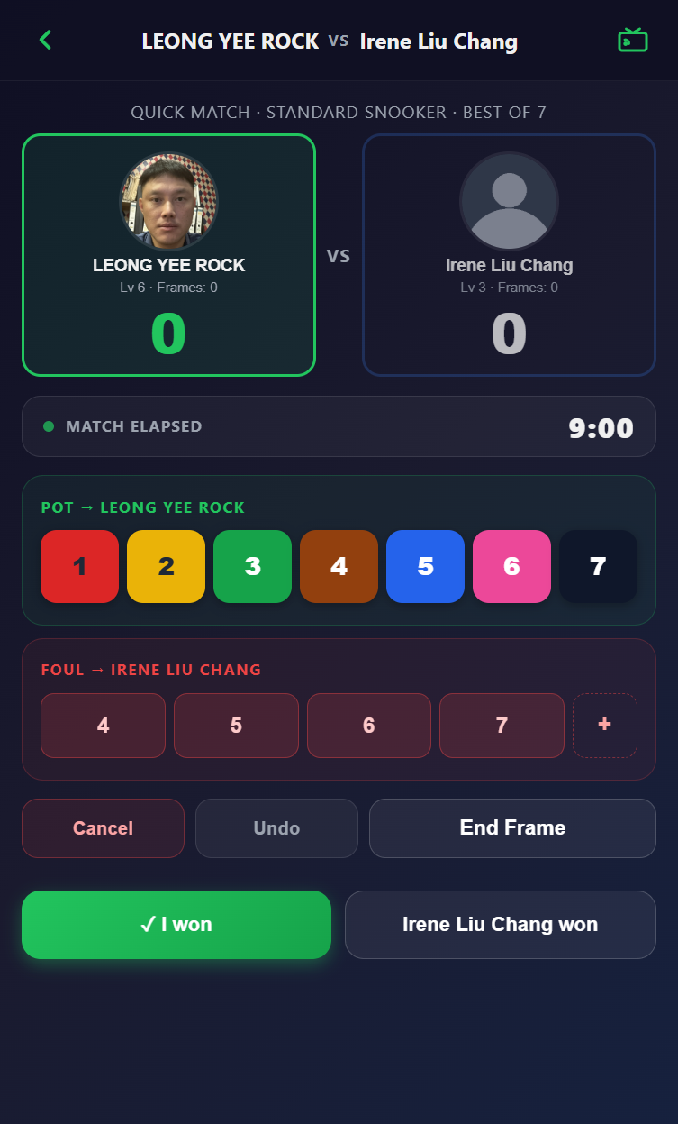Snooker King battle scoring timer card — duration and frame score persist through reload for fair settlement