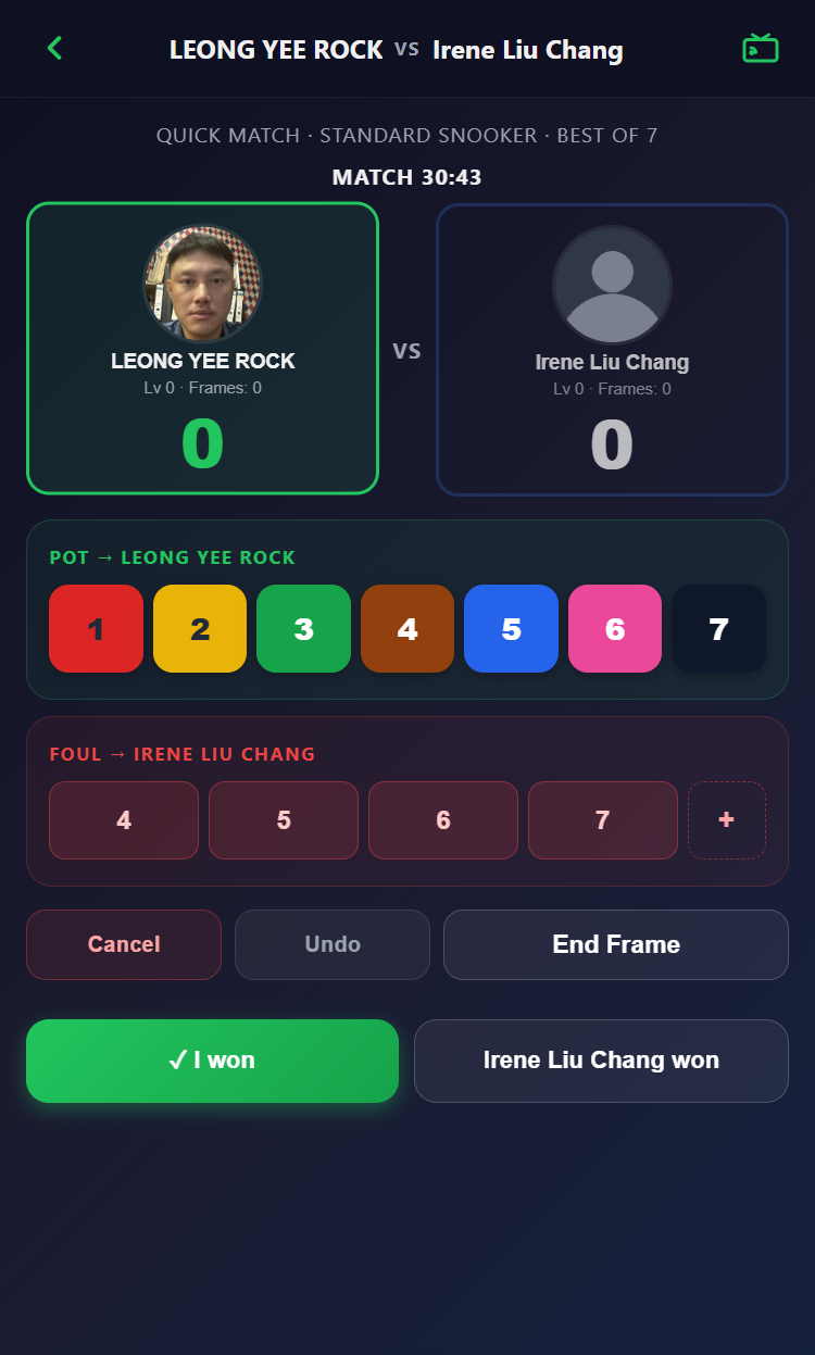 Snooker King battle scoring with live timer — frame-by-frame point capture for trustworthy adjudication