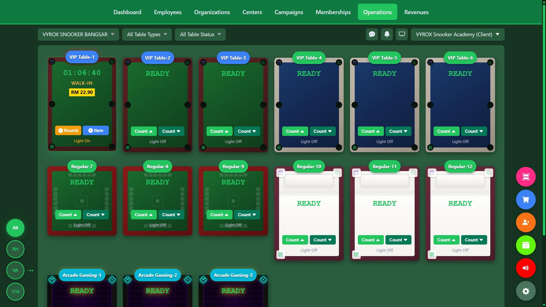 Snooker King live table command grid — 16 VIP and Regular tables, real-time timers, revenue per table for the venue owner