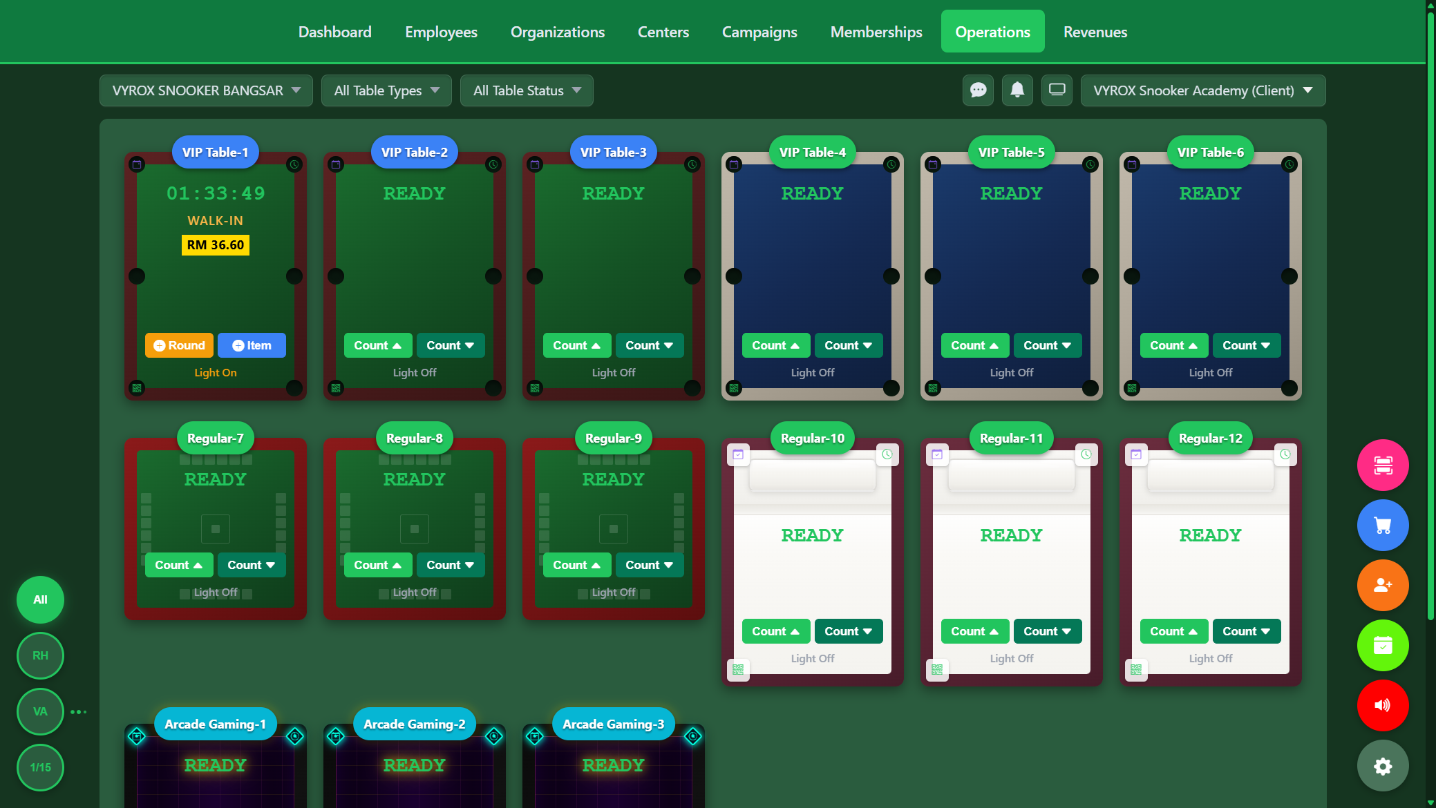 Snooker King operations on mobile — cashier and operator floor view that follows the staff to every corner of the venue