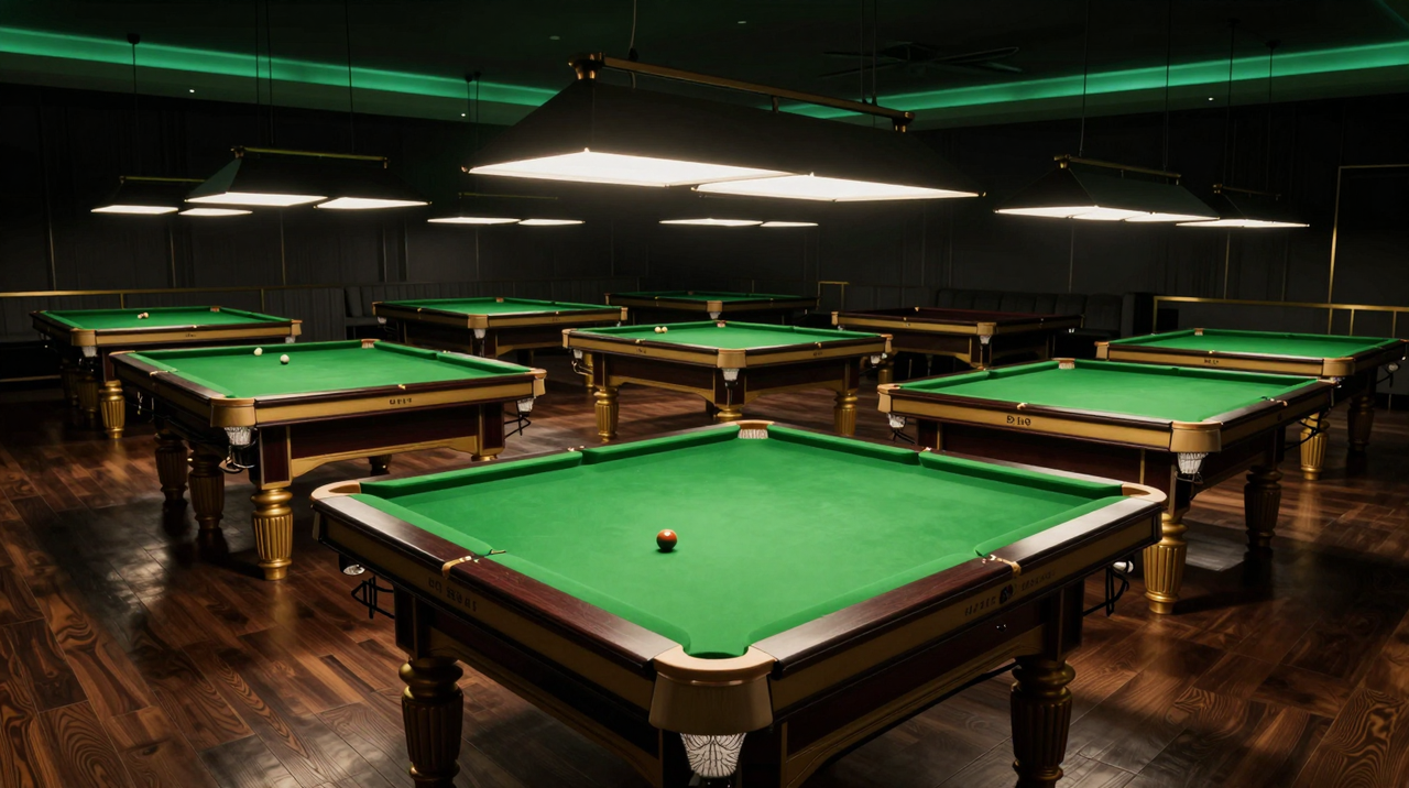 Snooker King brand ambience — a premium multi-table venue floor, the kind of hall this platform is built to run