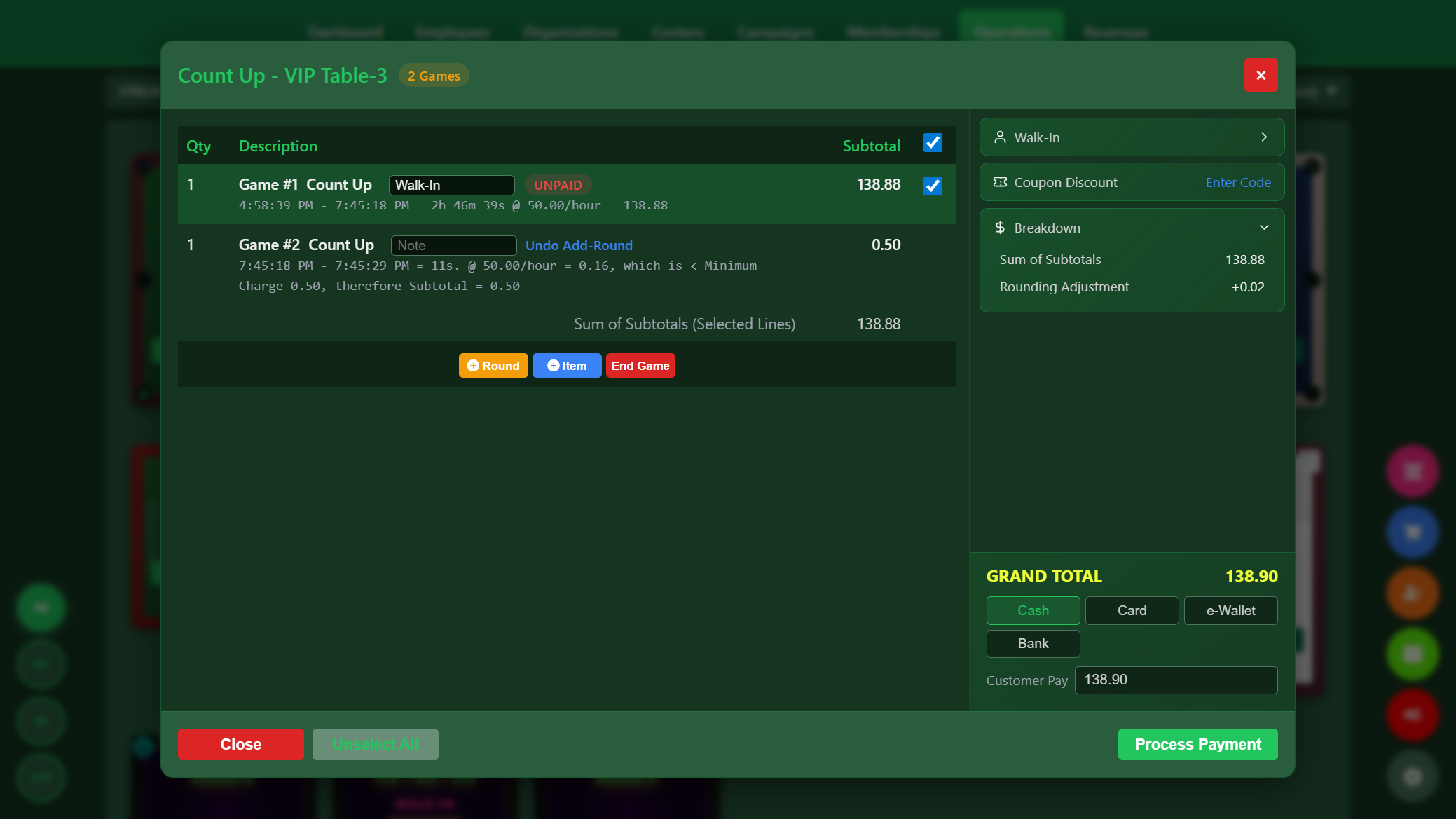 Snooker King checkout - countup session breakdown with rounding adjustment, coupon entry, multi-method payment buttons, and grand total reconciled to the cent